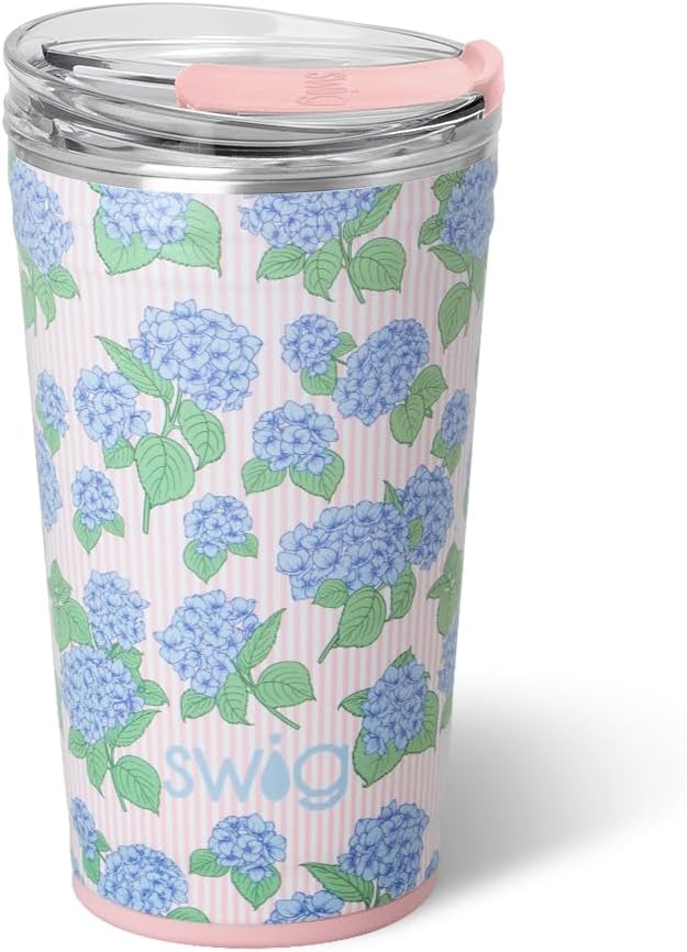 Swig Life 24oz Party Cup, Stackable Insulated Travel Coffee Tumbler with EZ Slider Lid, Cup Holder Friendly Travel, Stainless Steel 24 oz Tumbler, Reusable Mug (Hydrangeas)
