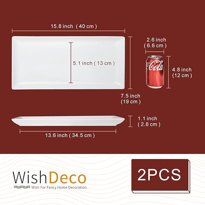 WishDeco Large Serving Platter Set of 2, Long Ceramic Serving Tray 16 inch, Rectangular Serving Dishes, White Plates for Entertaining, Fruit, Appetizer, Charcuterie, Oven & Dishwasher Safe