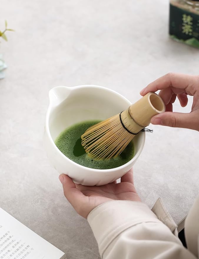 TANG PIN Matcha Set - Match Bowl and Whisk, 15 OZ, Matcha Scoop | Matcha Whisk Stand (Chasen Holder) - 4pc Perfect Matcha Kit for Matcha Tea Ceremony (White)