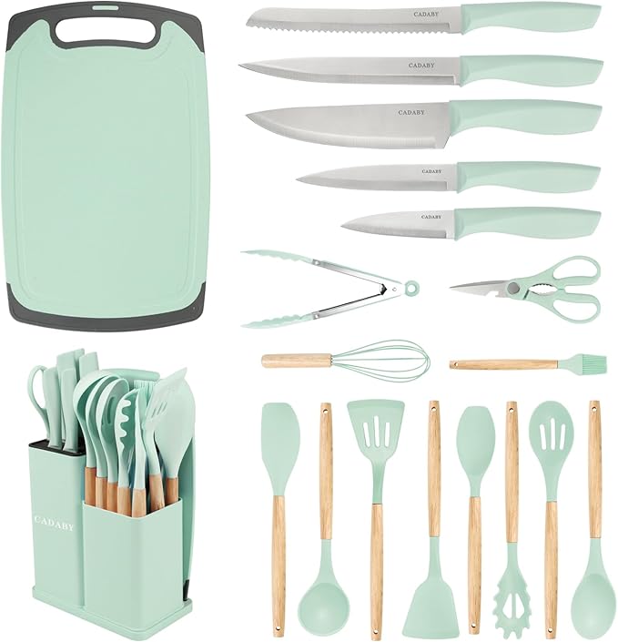 19 PCS Kitchen Cooking Utensils Set, 11 Pieces Silicone Cooking Utensils Set 6 Pieces Sharp Stainless Steel Green Knife Set with 1 Piece Cutting Board, Ideal for Apartment