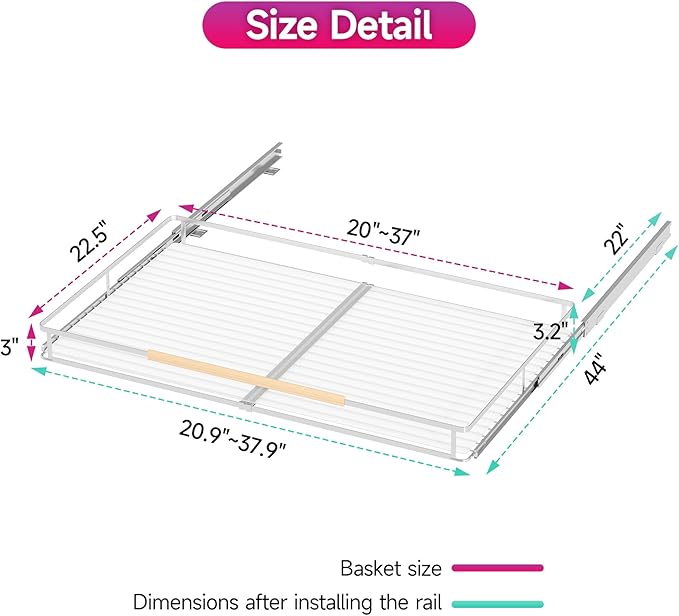 SUZLON Pull Out Cabinet Organizer, Expandable(20.9"~37.9") Cabinet Drawers Slide Out, Adjustable Width Roll 0ut Shelf Cabinet Organizer for Kitchen Base Cabinet Organization (X-Large, 2Pack)