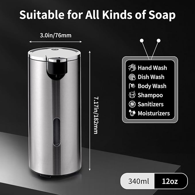 Automatic Soap Dispenser, Automatic Soap Dispenser Touchless, Kitchen & Bathroom, 3 Adjustable Volume for Liquid Soap, Water-Resistant, Hotel, Restaurant and School, Clog-Free, Stainless Steel