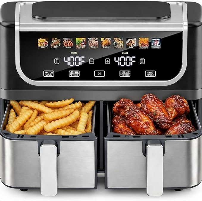 HealSmart 9.5Qt Dual Basket Air Fryer, 10-in-1 Smart Air Fryer with 1700W, Independent Temperature Control, Sync Cook & Shake Reminder, Nonstick Air Fryer Oven for Family Meals, Black