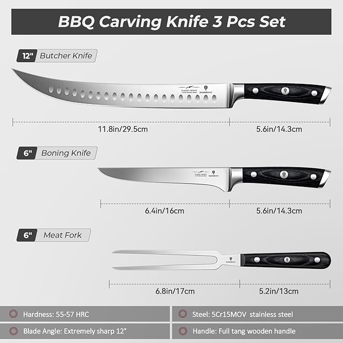 3Pcs Carving Knife Set with Sheath – for Turkey, Meat, BBQ, Brisket, Razor Sharp Slicing Knife, Professional 5Cr15MoV Stainless Steel, Ergonomic Full Tang Wood Handle, Gift Box Included