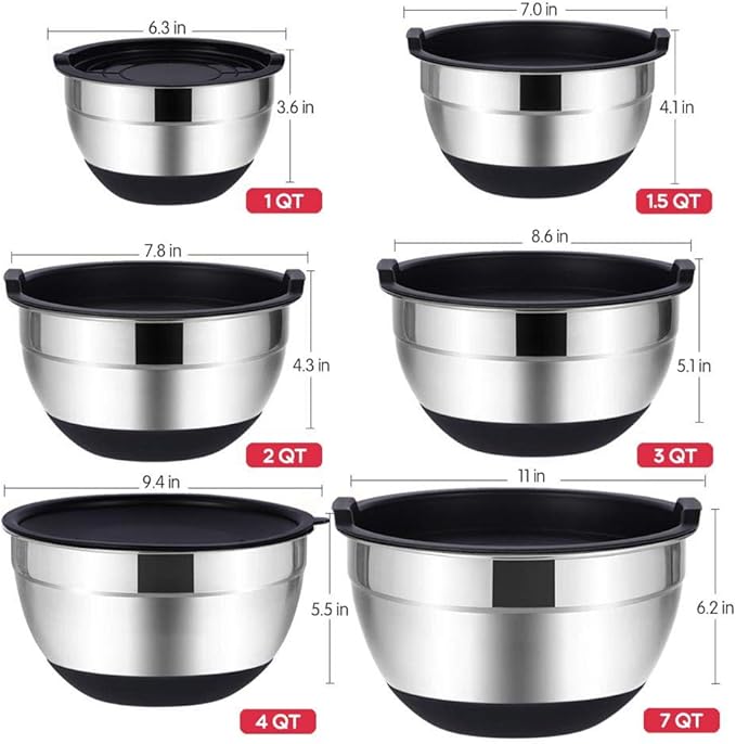 Rottay Mixing Bowls Set with Airtight Lids, 20PCS Stainless Steel, Nesting Bowls with 3 Grater Attachments & Non-Slip Bottoms, Size7, 4, 3, 2, 1.5, 1QT Bowls for Baking&Prepping