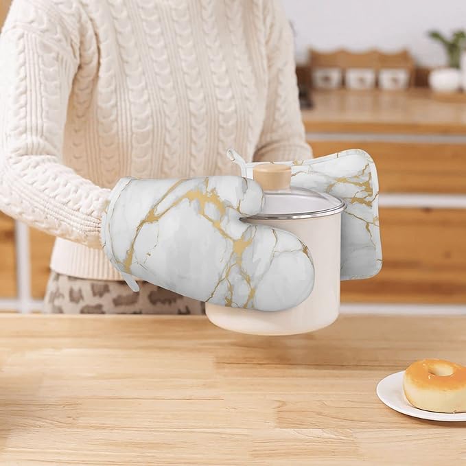 Oven Mitts and Pot Holders Marble White Gold Silicone Kitchen Accessories Set of 4 Heat Resistant Long Gloves Potholder Non-Slip Grip for Chef Cooking,Baking,Grilling,BBQ