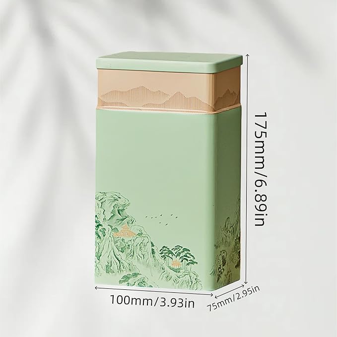 HAN SHENG Tea Canister, Airtight Storage Tin for Loose Leaf Tea & Bags, 8-Inch Decorative Metal Container with Oriental Mountain Design, Green