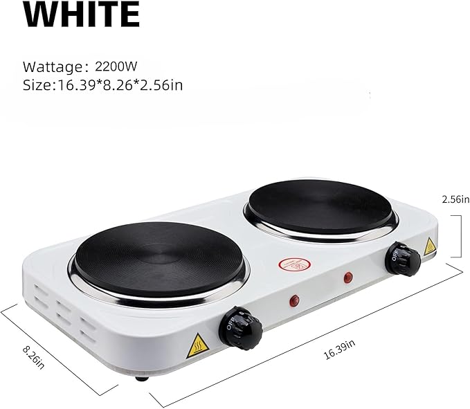 2200W Electric Hot Plate, Electric Cooktop with 2 Burner, Cast Iron Portable Burner Stove, Portable Electric Countertop Burner, Compact Double Burners for Cooking(white)