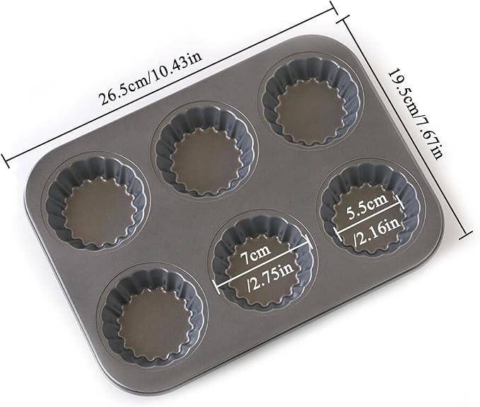 Mini Tart Pan, 2.75" Egg Tart Molds 6-Cavity Non Stick Fluted Mini Tart Mould, Reusable Quiche Bakeware Carbon Steel for Pies, Quiche, Cheese Cakes, Desserts(Not Included Cutting Mold)