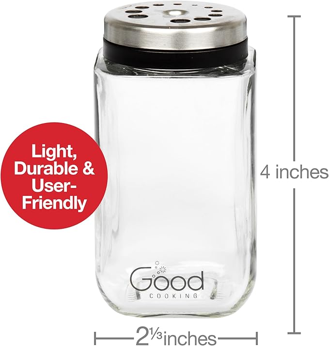 Adjustable Glass Spice Jars (Set of 6) with 6 Pouring Sizes- Stainless Steel Lid/Cap- Square Seasoning Bottle Containers for Minimalist Kitchen Pantry Storage Organization- Fill Shaker w Salt Pepper