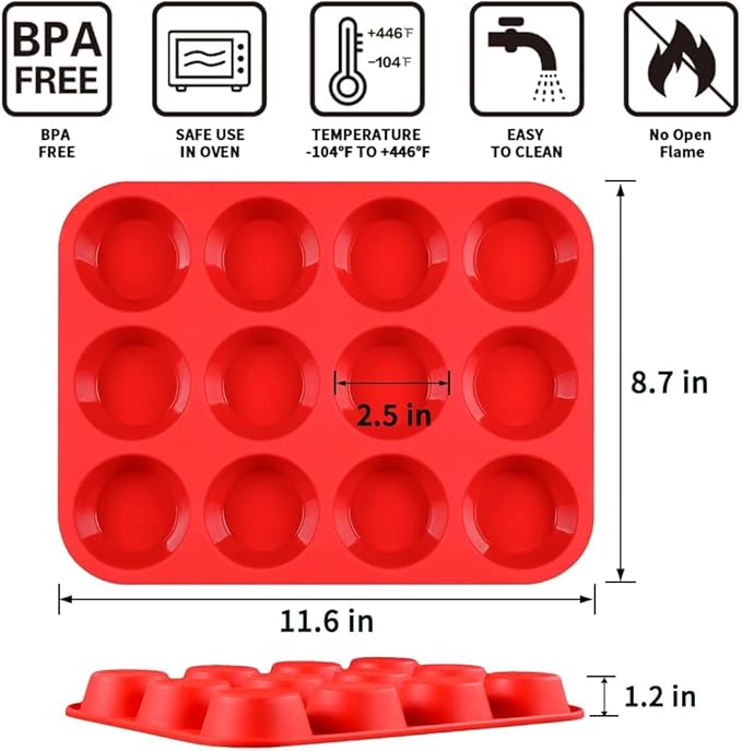 CAKETIME Silicone Muffin Pan, 12-Cup Cupcake Pan for Baking 3 Pack Nonstick Food Grade Silicone Muffin Tray