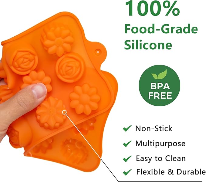 6 Pack Flower Shape Chocolate Candy Molds Silicone, Food-Grade Non-Stick Jelly & Baking Molds, Crayon Molds, BPA-Free, Including Heart, Rose, Tulip, Daisy, Sunflower, and Other Flowers (Multicolor)