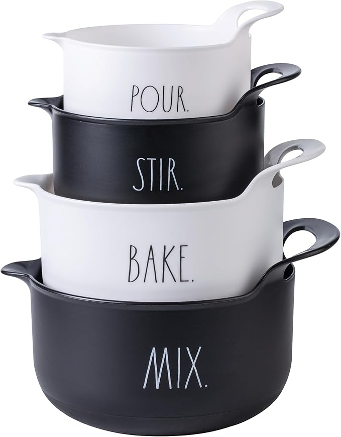 Rae Dunn Non-Slip Mixing Bowls - 4 Piece Nesting Plastic Mixing Bowl Set with Pour Spouts and Handles-Measurement Markings (Black)
