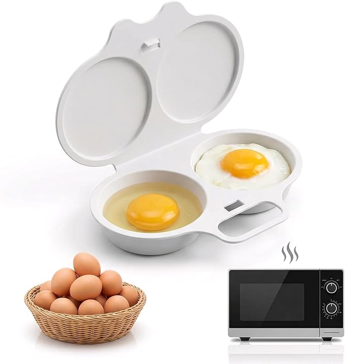 White Microwave Egg Cooker,Microwave Egg Poacher,Egg Poacher Microwave,2 Cavity Nonstick Poached Egg Maker With Lid, Egg Cooker, Double Drain Poached Cups Specialty Cookware