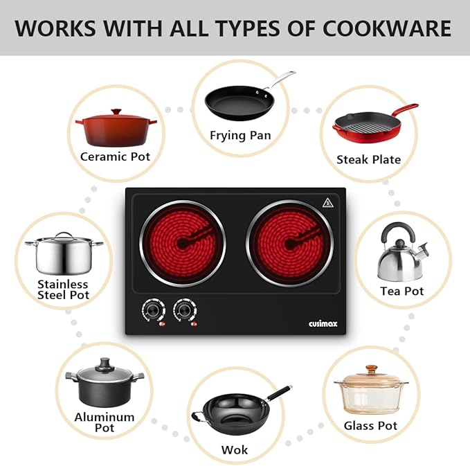 CUSIMAX Double Burner, 1800W Ceramic Electric Hot Plate for Cooking, Dual Control Infrared Cooktop, Portable Countertop Burner, Glass Plate Electric Cooktop, Stainless Steel Black