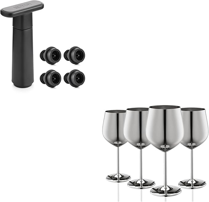 WOTOR Stainless Steel Wine Glasses Set of 4 with Wine Saver Vacuum Pump