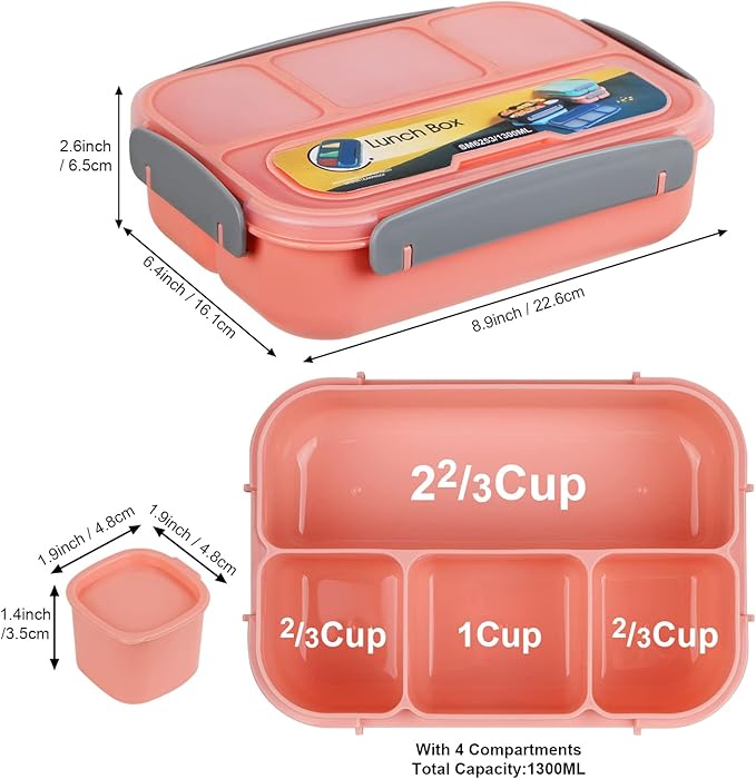 MaMix Bento Box for Kids, Lunch Box Kids, Lunch Containers for Adults,4 Compartment Leak-Proof with Sauce Snack Pot Cutlery (Pink)