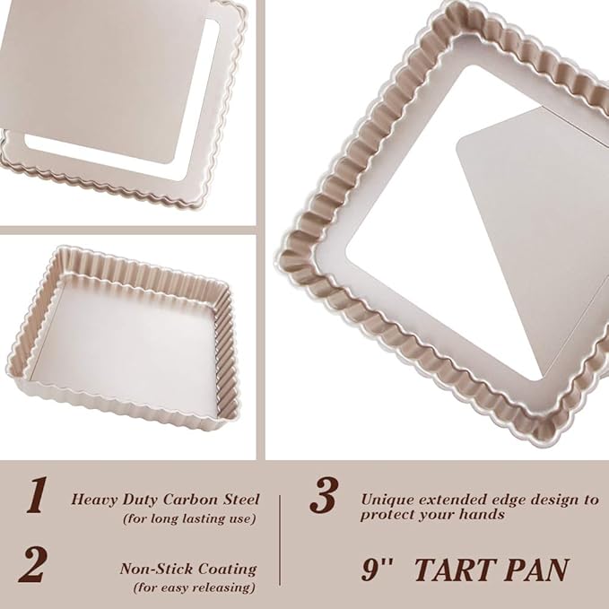 Webake Square Tart Pan, 9 by 9 Inch Tart Tin with Removable Bottom, Non-Stick Carbon Steel Quiche Pie Pan for Baking