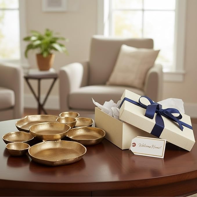 9 Cluster Decorative Bowls Bright Gold Brass Snack Tray Bowl Chip & Dip Serving Piece Strong Brass Centerpiece Beautiful Room Accent & Entertaining Parties Home Decor Wedding Gifts 22 Inch Decorative