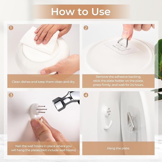 Bilillo 40 Pack Invisible Adhesive Wall Plate Hangers, 2.3 Inch Plastic Plate Holders for Decorative Plates, Photo Frames, and Wall Art Display