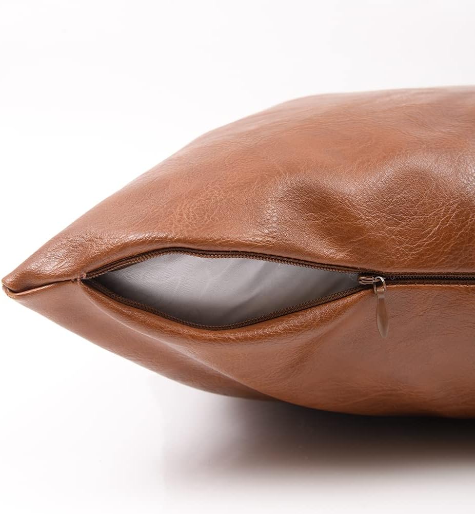 Fancy Homi Brown Boho Faux Leather Decorative Throw Pillow Covers 16x16 Inch for Living Room Couch Bed, Hand Stitched Accent Square Cushion Case 40x40 cm, Luxury Modern Farmhouse Home Decor
