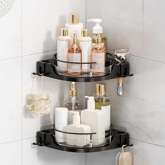 Oifecsie 360° Rotating Corner Shower Caddy (2-Pack) - Lazy Susan Bathroom Organizer with Hooks, No-Drill Adhesive Mount for Shower, Kitchen, RV, Space-Saving ABS Plastic Shower Shelf