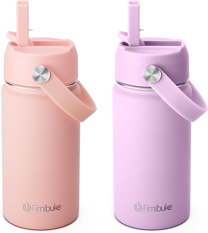Fimibuke Kids Insulated Water Bottle, 14oz BPA FREE Double Wall Vacuum Tumbler 18/8 Stainless Steel Leak Proof Kids Cups with Straw Metal Water Bottle for School Boys Girls (2 Pack, Milky Pastel)