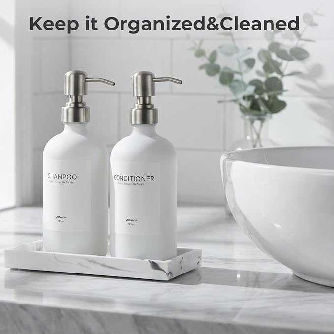 White Glass Soap Dispenser Set for Kitchen, Hand and Dish Soap Dispenser with Stainless Steel Pump & Resin Tray, Perfect for Kitchen,Hotel Rental-Modern Soap Dispenser Decor for Kitchen