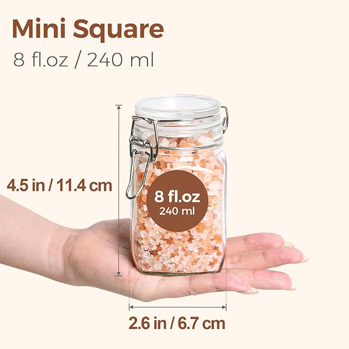 ComSaf Set of 6 Square Glass Jars with Airtight Lids (8 Oz), Pantry Canisters for Spices, Jams, & Herbs, Wire Clamp Jar for Overnight Oats, Pickling, Favors, Includes Labels & Funnel
