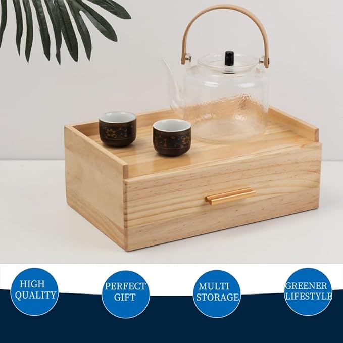 Tea Organizers and Storage Box Tea Station organizer for Countertop with 4 Cotton Woven Coasters Pine Wood Tea Bag Organizer Drawer Teabag Holder with 8 Compartments Wooden Sugar Packet Holder