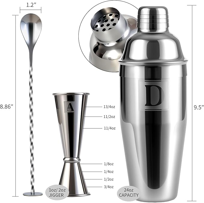 24oz Cocktail Shaker Set with 1 oz 2oz Jigger - Monogramm Initials Martini Shaker Set - 304 Stainless Steel Bar Shaker for Margarita,Mojito-Personalized Gift for Friend,Husband-Q