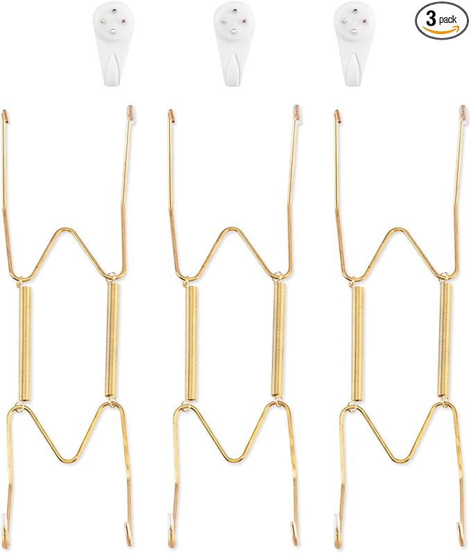 3 Pack Plate Hangers for The Wall, Suitable for 8-10 inch Art Plate, Stainless Steel Invisible Heavy Duty Wire Plate Holder with Wall Hooks, Plate Hangers for Displaying Plates, Platter, Dish, Gold