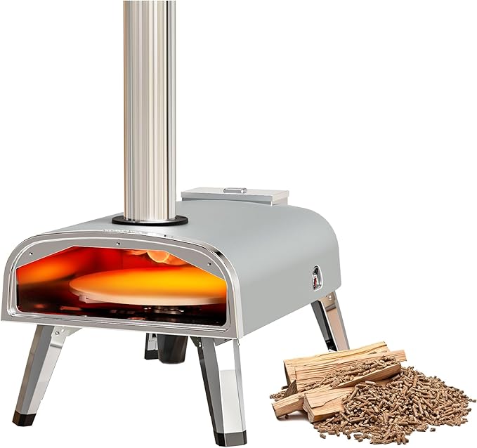 aidpiza Outdoor Pizza Oven 12" Wood Pellet Pizza ovens With Rotatable Round Pizza Stone Portable Wood Fired with Built-in Thermometer Pizza Stove for Outside Backyard Camping Picnics (Grey-revolving)