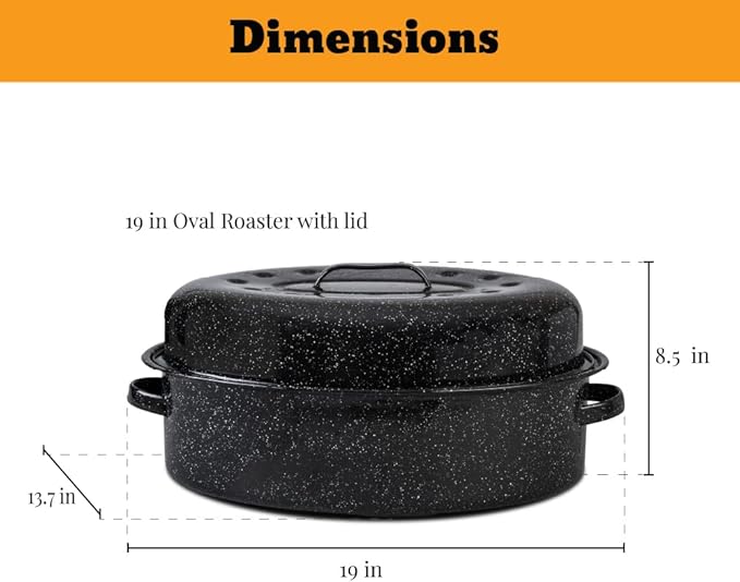 Granite Ware 19 inch oval roaster with Lid, V Rack included (Speckled Black) - design to accommodate up to 20 lb poultry/roast. Resists up to 935°F