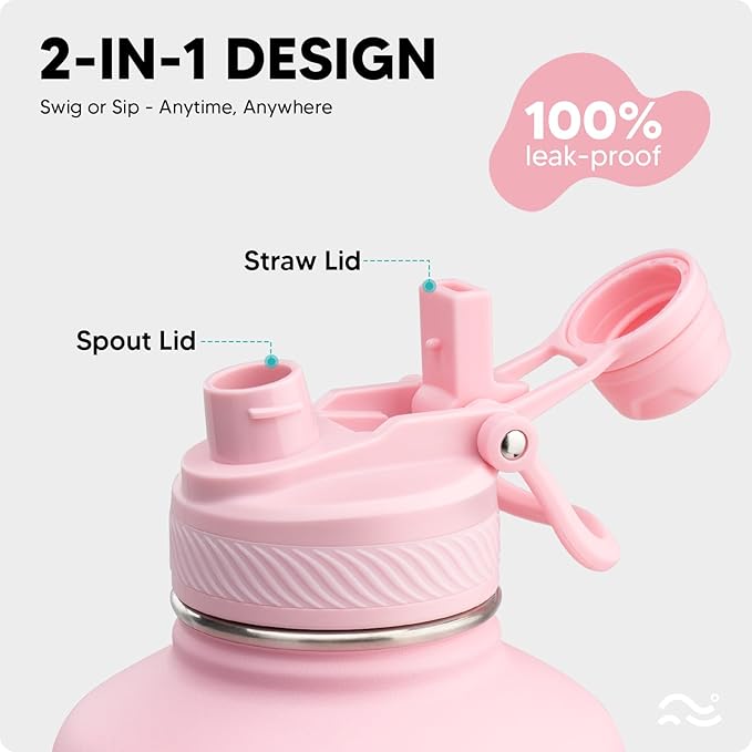 Swigina [2-IN-1 LID] 64 oz Insulated Water Bottle with Silicone Boot (48hrs Cold/24hrs Hot) - DIY Stickers, Leakproof, BPA Free, Half Gallon