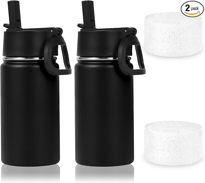 Volhoply 14oz KIds Water Bottle with Straw Lid and Silicone Boot Bulk 2 Pack,Stainless Steel Insulated Cups for Boys & Girls Multipack,Double Wall Vacuum Leakproof Bottles(black,2)