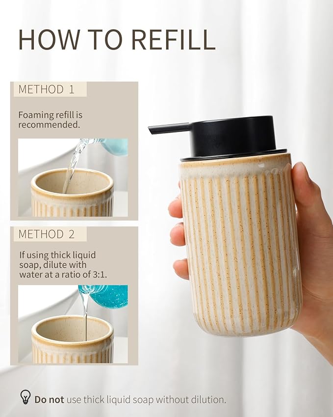 BosilunLife Foam Hand Soap Dispenser - Ceramic Foaming Soap Dispenser for Bathroom 12oz Refillable Liquid Lotion Soap Dispenser with Rust-Proof Foaming Pump for Countertop, Greige