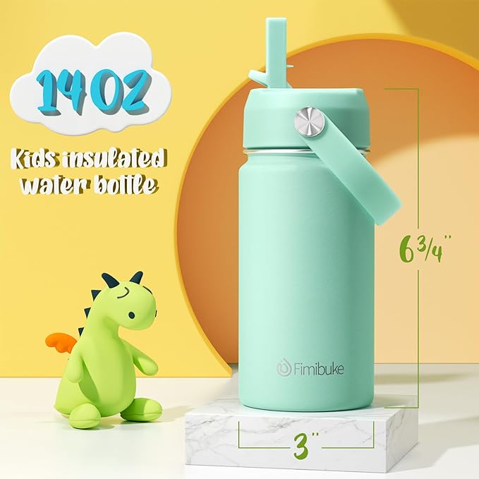 Fimibuke Kids Insulated Water Bottle - 14oz BPA-FREE 18/8 Stainless Steel Travel Tumbler Leak Proof Double Wall Vacuum Kids Cup with Straw Metal Water Bottle for School Boys Girls (1 Pack, Bubble Gum)