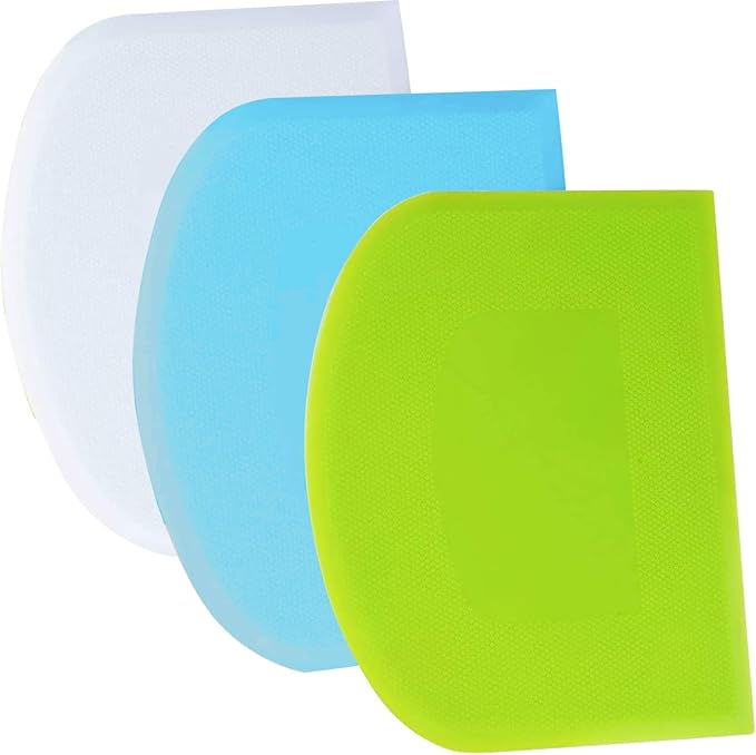 SURDOCA Dough Scraper Bench Scraper - 3P 10.6x6.7" Plastic Flexible Bowl Scraper, Sharp Edge & Angles Cake Scraper. Non-Slip Bakeware Decorating Tools Sculpting & Modeling Tools - Green+Blue+White