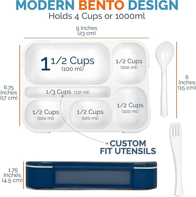 kinsho Bento Lunch Box Kids, Leakproof Lunch Containers for Boys Girls Adults with 6 Compartments - School, Daycare, Meal Planning Portion Control Container, BPA-Free Boxes, Utensils, Navy Blue