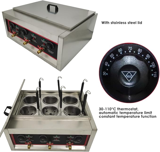 220V Commercial Pasta Cooker with 6 Noodle Filter Electric Pasta Cooking Machine Multifunctional Pasta Warmer Noodles Cooker 6KW for Cooking Dumplings NoodlesVegetables 30-110℃