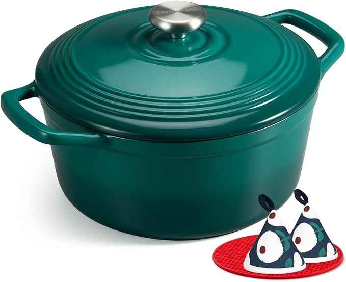 Overmont Enameled Cast Iron Dutch Oven - 5.5QT Pot with Lid Cookbook & Cotton Potholders - Heavy-Duty Cookware for Braising, Stews, Roasting, Bread Baking Bottle green