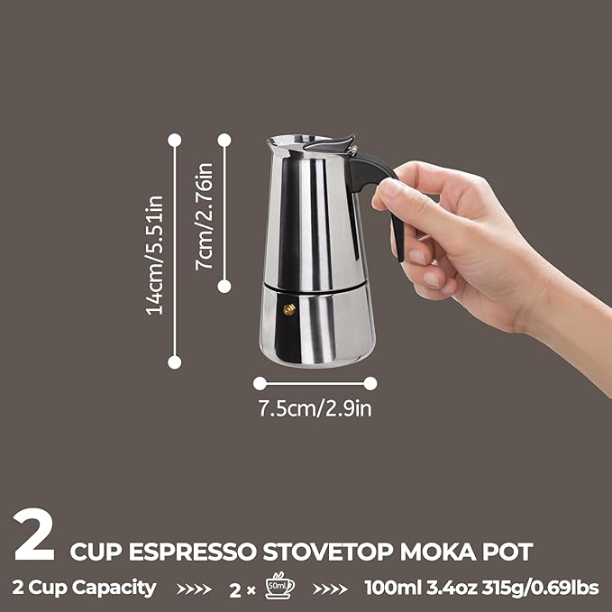 2 Cup 100ml Moka Pot Stainless Steel Espresso Coffee Maker Stovetop Coffeemaker Italian Classic Style Brewing Greca Cafe Mocha Machine for Cafeteras Lover Camping Travel and Home Use 3.3oz
