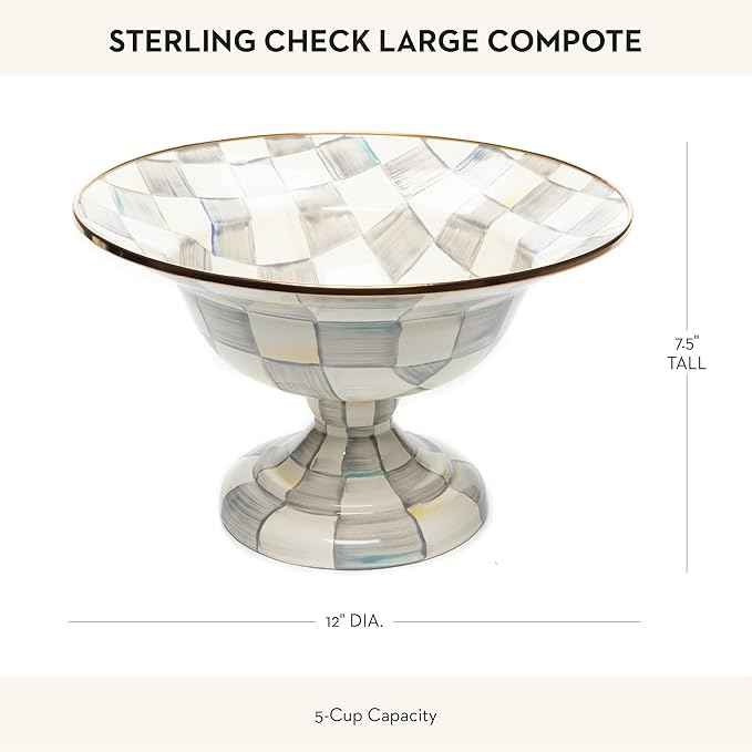 MACKENZIE-CHILDS Enamel Compote, Cute Enamel Pedestal Serving Dish or Decorative Bowl, Large, Gray-and-White Sterling Check