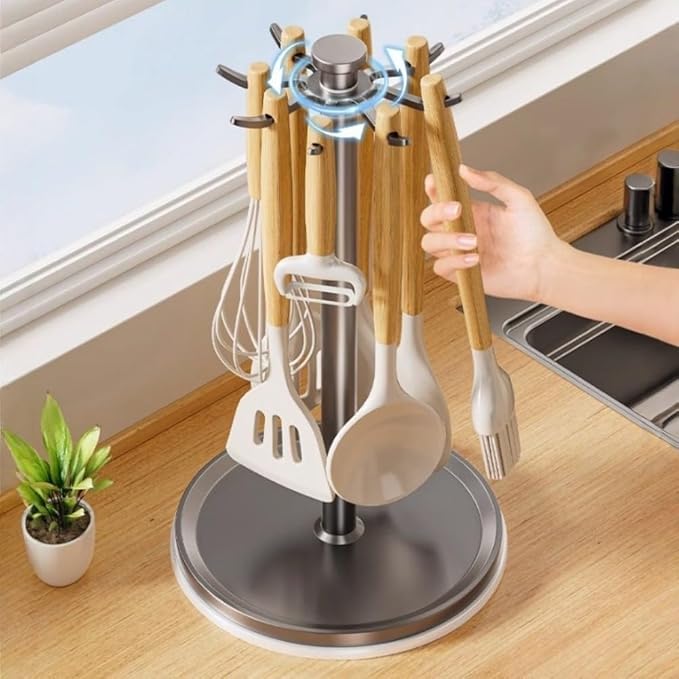 Rotatable Hanging Organizer with 8 Hooks for Kitchen Utensils, 360 Degree Swivel Countertop Holder for Cooking Tool Storage (Black)
