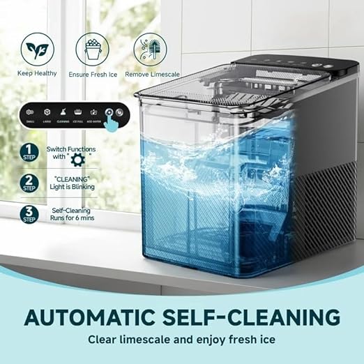 MAYVI Countertop Ice Maker Machine - 9 Cubes in 6 Mins, 26lbs/24Hrs, Portable Self-Cleaning Ice Machine with Basket & Scoop, 2 Sizes Bullet Ice for Home, Kitchen, Office & Party(Black)