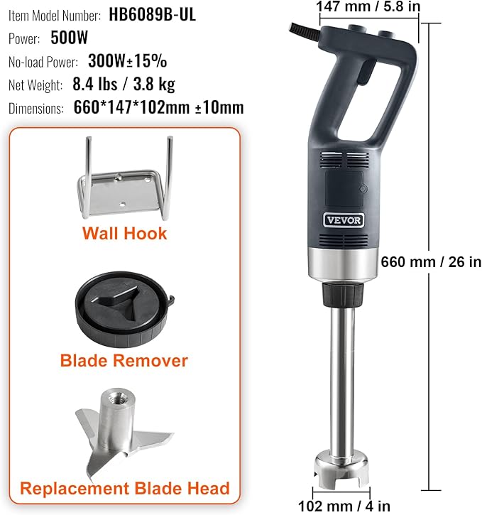 VEVOR 500W 12 Inch Heavy Duty Hand Mixer, Variable Speed Stick Mixer with 304 Stainless Steel Blade, Multi-Purpose Portable Mixer for Soup, Smoothie, Puree, Baby Food