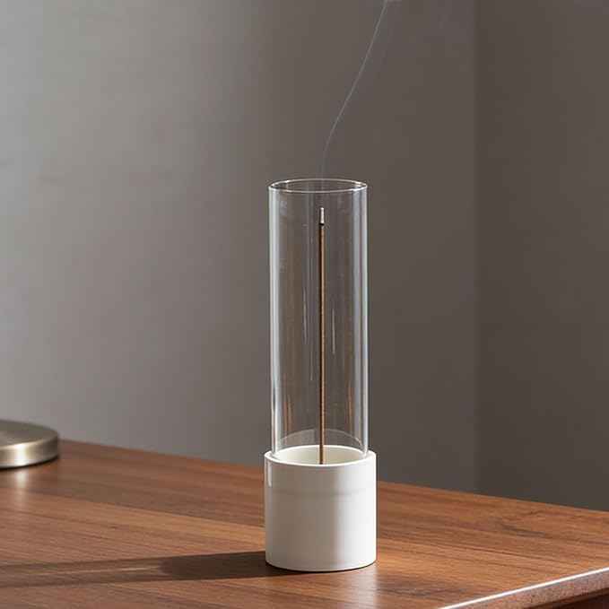CEREMONY Incense Holder, Ceramic Incense Holder for Sticks with Glass Ash Catcher, Anti-ash Incense Burner with 20 Incense Sticks and a Ash Brush for Meditation Yoga Spa Room Decor (White)