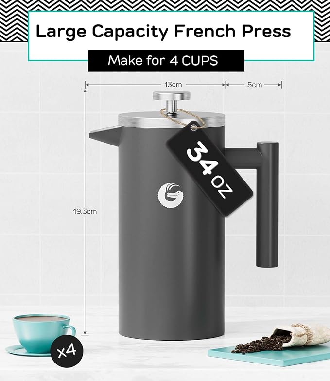 Coffee Gator French Press 34oz Gray and Gooseneck Kettle 40oz Stainless Steel for Pour Over