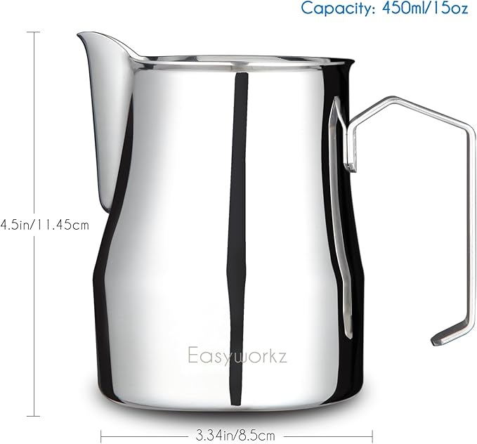 Easyworkz Espresso Steaming Pitcher Stainless Steel 15 oz Latte Art Cup, Bundled with Easyworkz Retro Stainless Steel Coffee Spoon with Black Walnut Handle,10g - Measuring Spoon (Vintage)